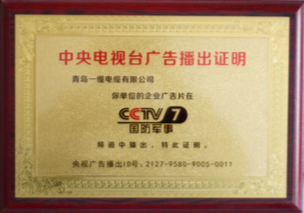 青島一纜電纜榮譽證書